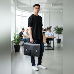 Classic Black Leather  And Material,  Work Tote Nwot